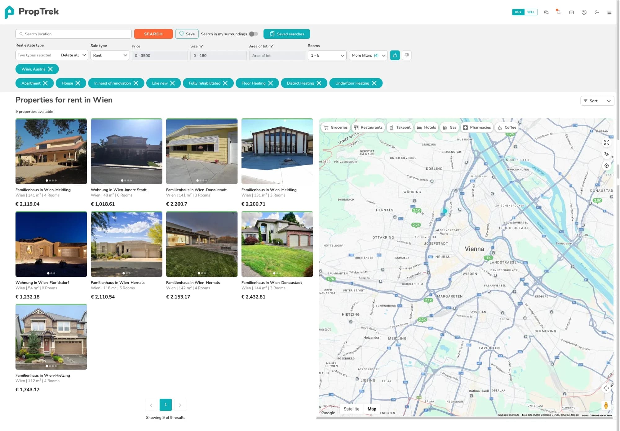 PropTrek desktop search: Wien filters and feature tags, nine rental listings and an interactive map of Vienna.