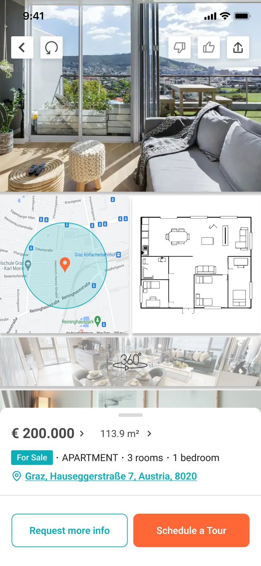 PropTrek mobile property ad: photos, map, floorplan, 360° tour, price, rooms and Schedule a Tour.