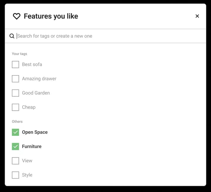 Features you like: your own tags and suggested ones, with Open Space and Furniture selected.