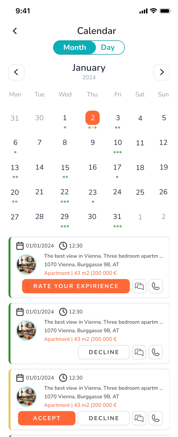 PropTrek mobile calendar: month view with today highlighted and the day's viewings with Rate your experience, Accept and Decline.