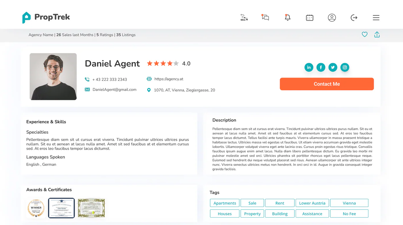 PropTrek agent profile: rating, contact details, experience and skills, description, awards and tags.