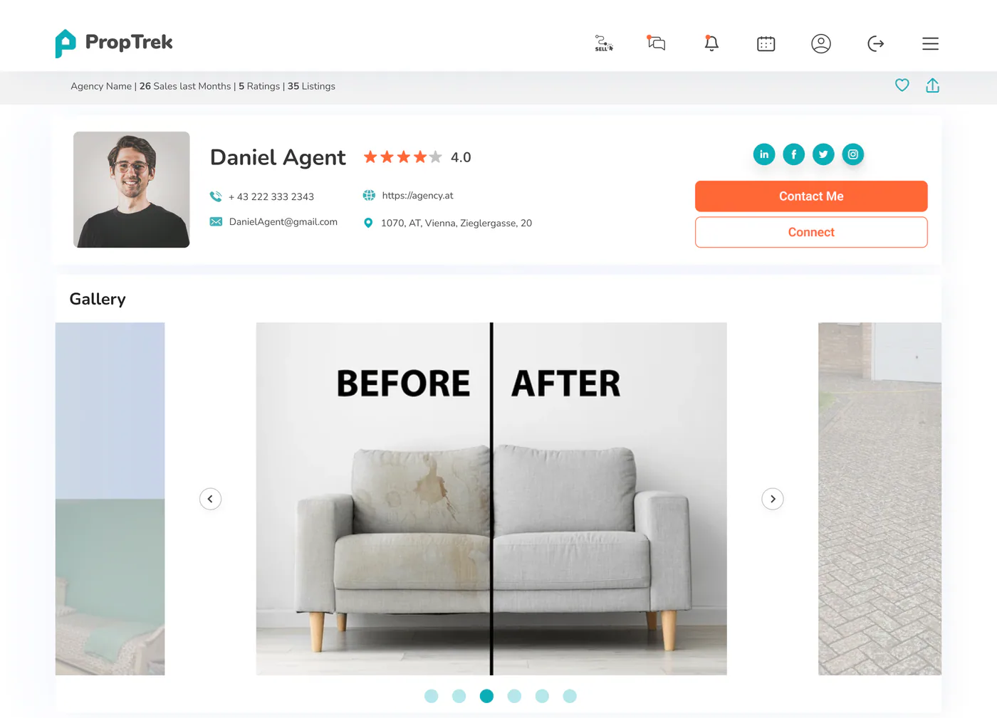 PropTrek service-provider profile: rating, Contact me and Connect, and a before-and-after gallery of their work.